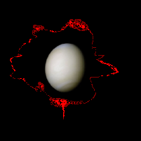 Ein Falschfarbenfoto des Planeten Venus mit den Sphären der negativen Gravitation. Die hellroten Zonen sind durch stärkste negative Gravitation geprägt.