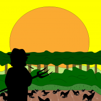 Bauer und Kraehen auf einem Acker bei Sonnenaufgang.png